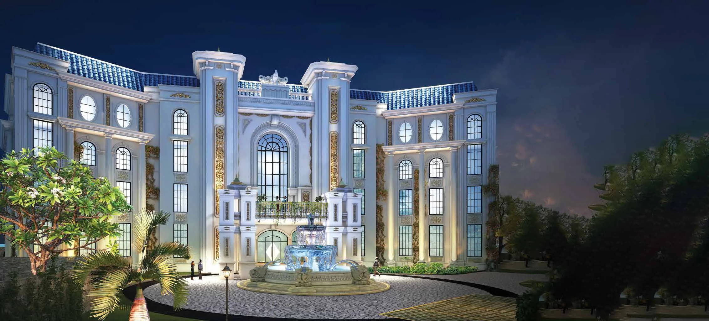 Artist’s impression of an illuminated classical facade with columns, tall arched windows and a fountain forecourt.