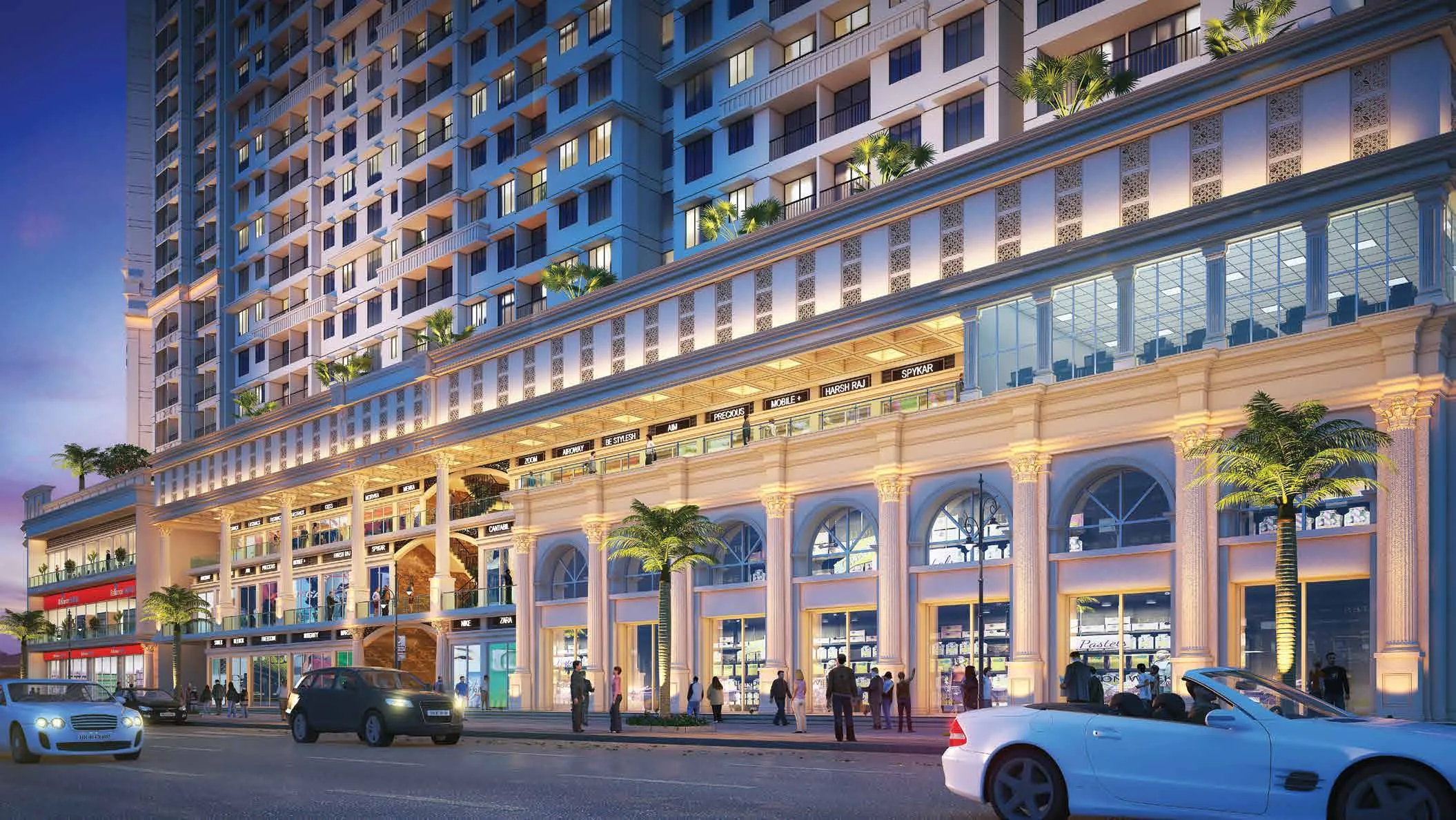 Artist’s impression of illuminated high-street retail frontage beneath residential towers.