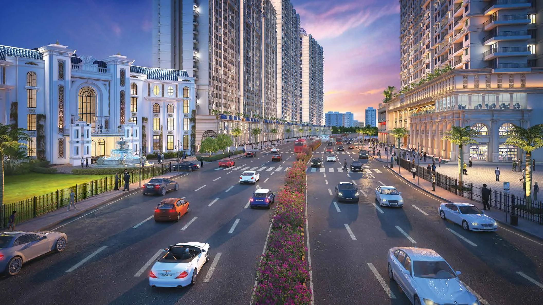 Artist’s impression of the boulevard at dusk, with residential towers, illuminated facades and a flowering median.
