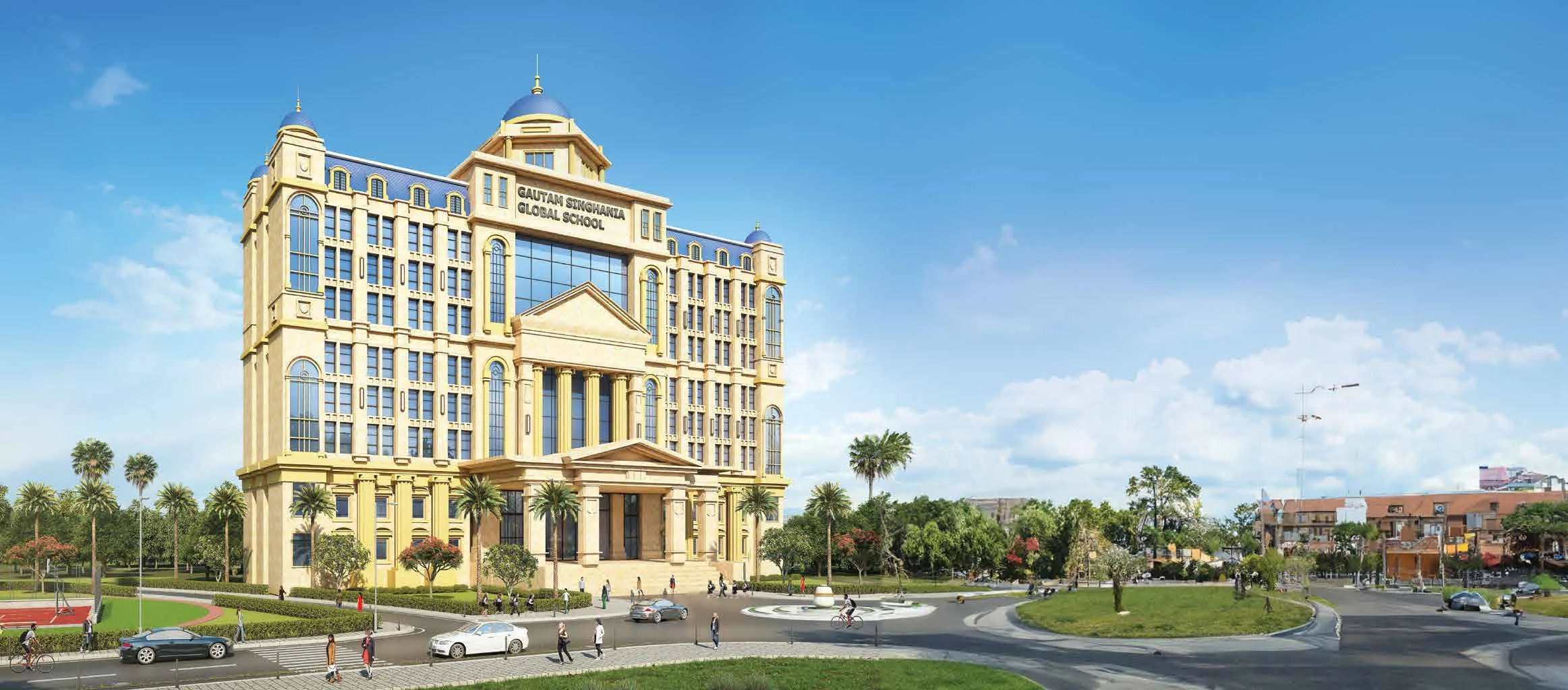 Artist’s impression of Gautam Singhania Global School, with its columned entrance and landscaped grounds.