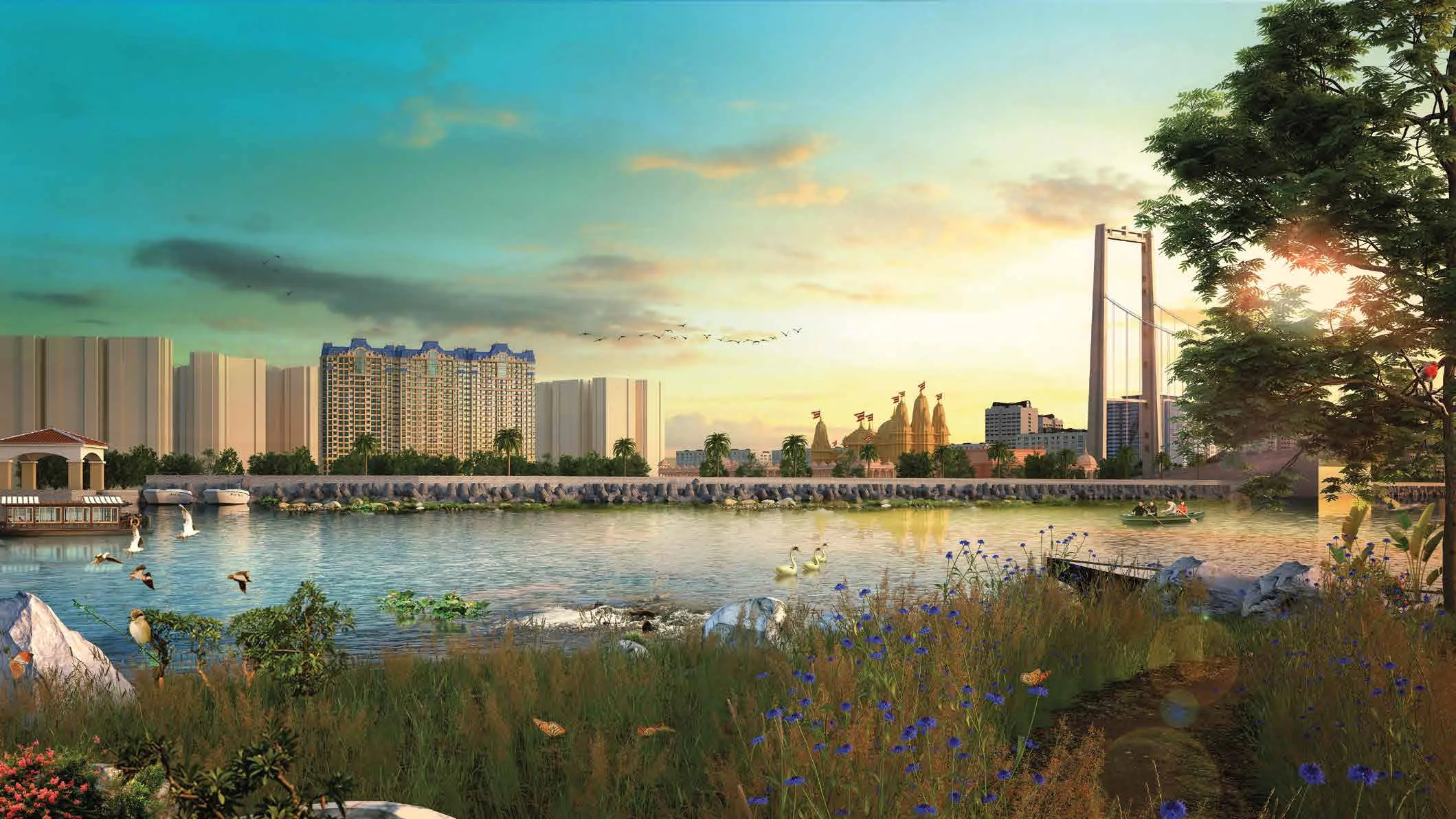 Waterfront vision with towers, temple spires and a bridge. Artist’s impression; not a guarantee of views, access or facilities.