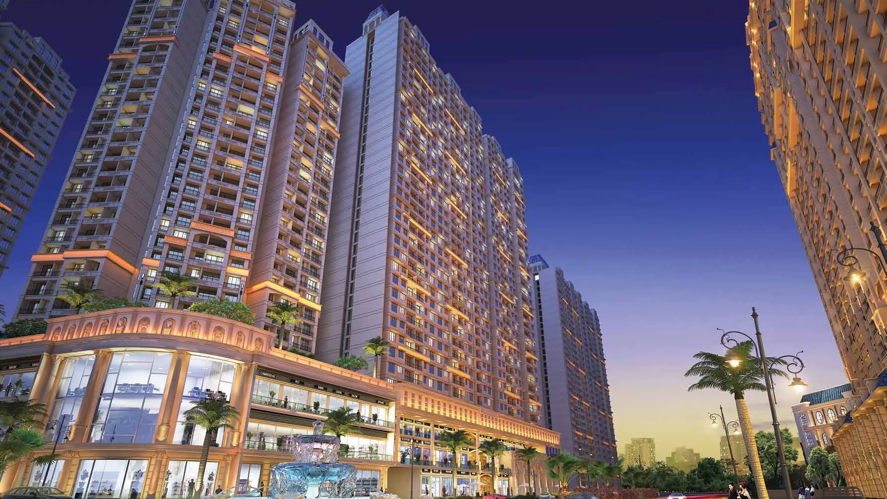 Artist’s impression looking upward between illuminated towers, with storefronts, palms and a partially cropped fountain in the foreground.