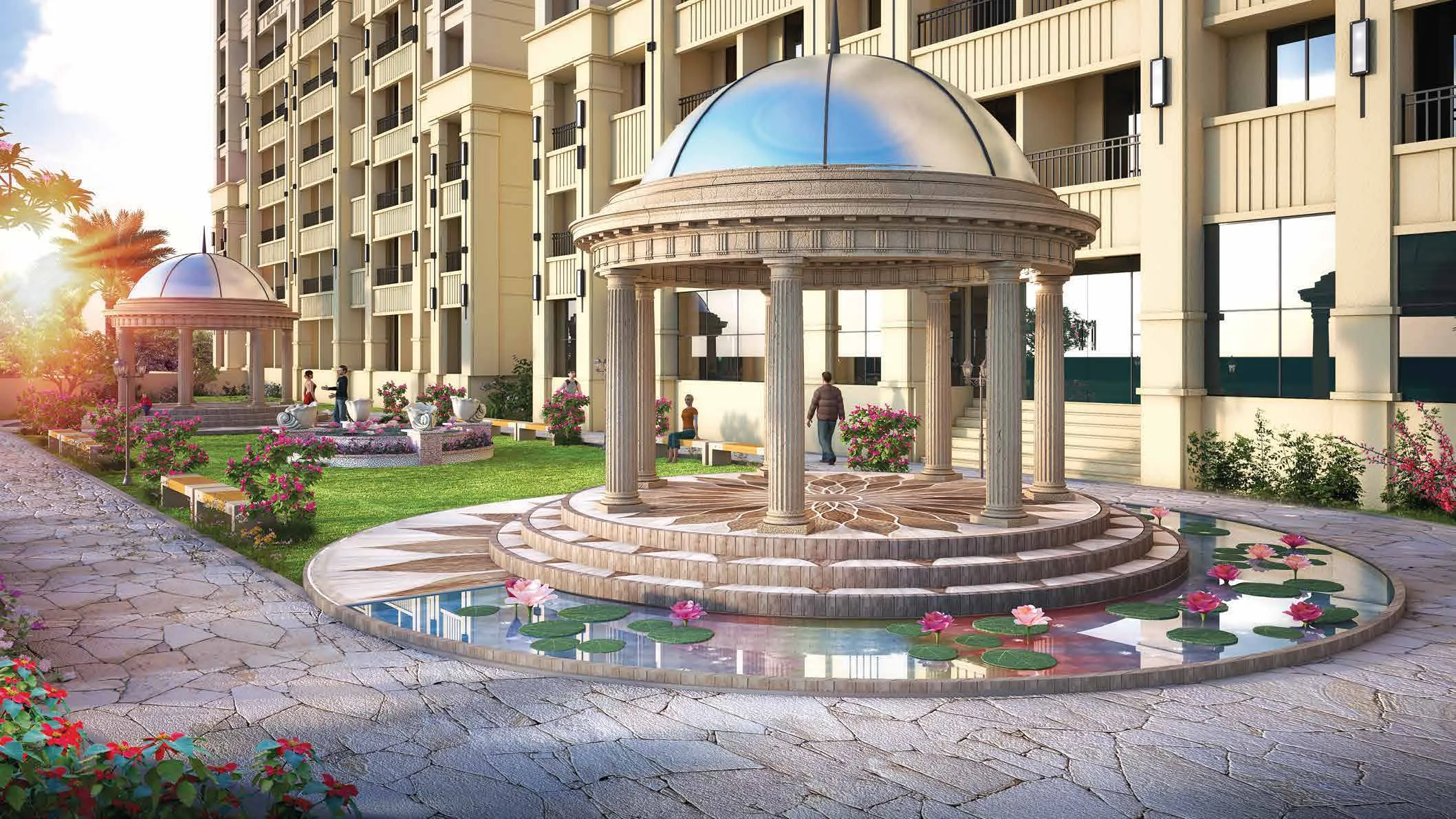 Artist’s impression of a domed pavilion surrounded by a lily pond, garden paths and landscaping beside residential buildings