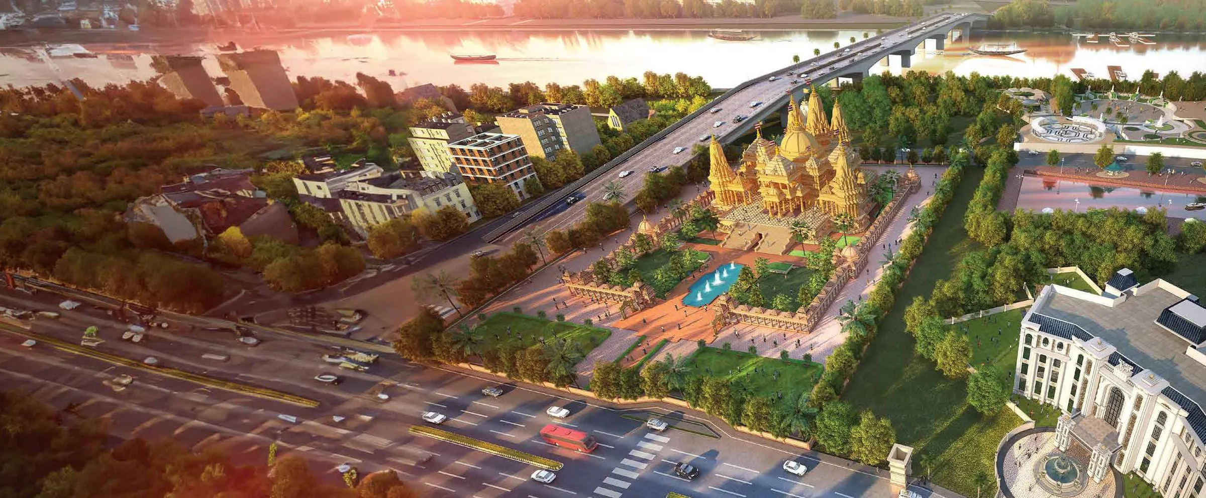 Swaminarayan temple and landscaped setting, shown in an architectural rendering. Artist’s impression.